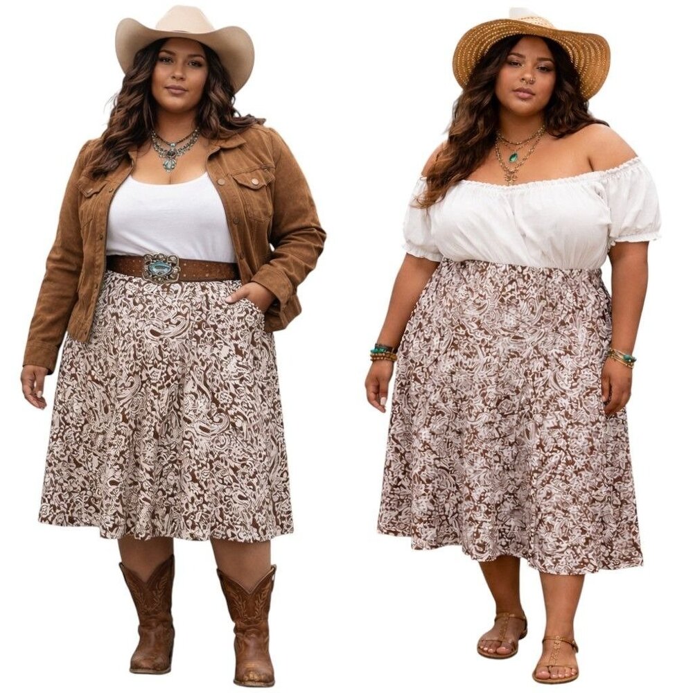 Style‎ & Co. Western Boho Paisley Linen Blend Skirt Brown Cowgirl Plus Size 20W